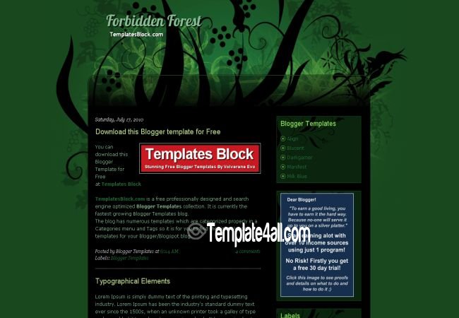 Free Blogger Forbidden Forest Green Template