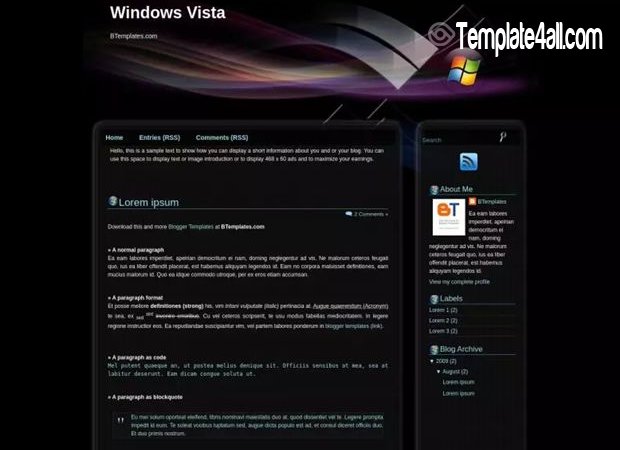 Free Black Windows Vista Blogger Theme Template